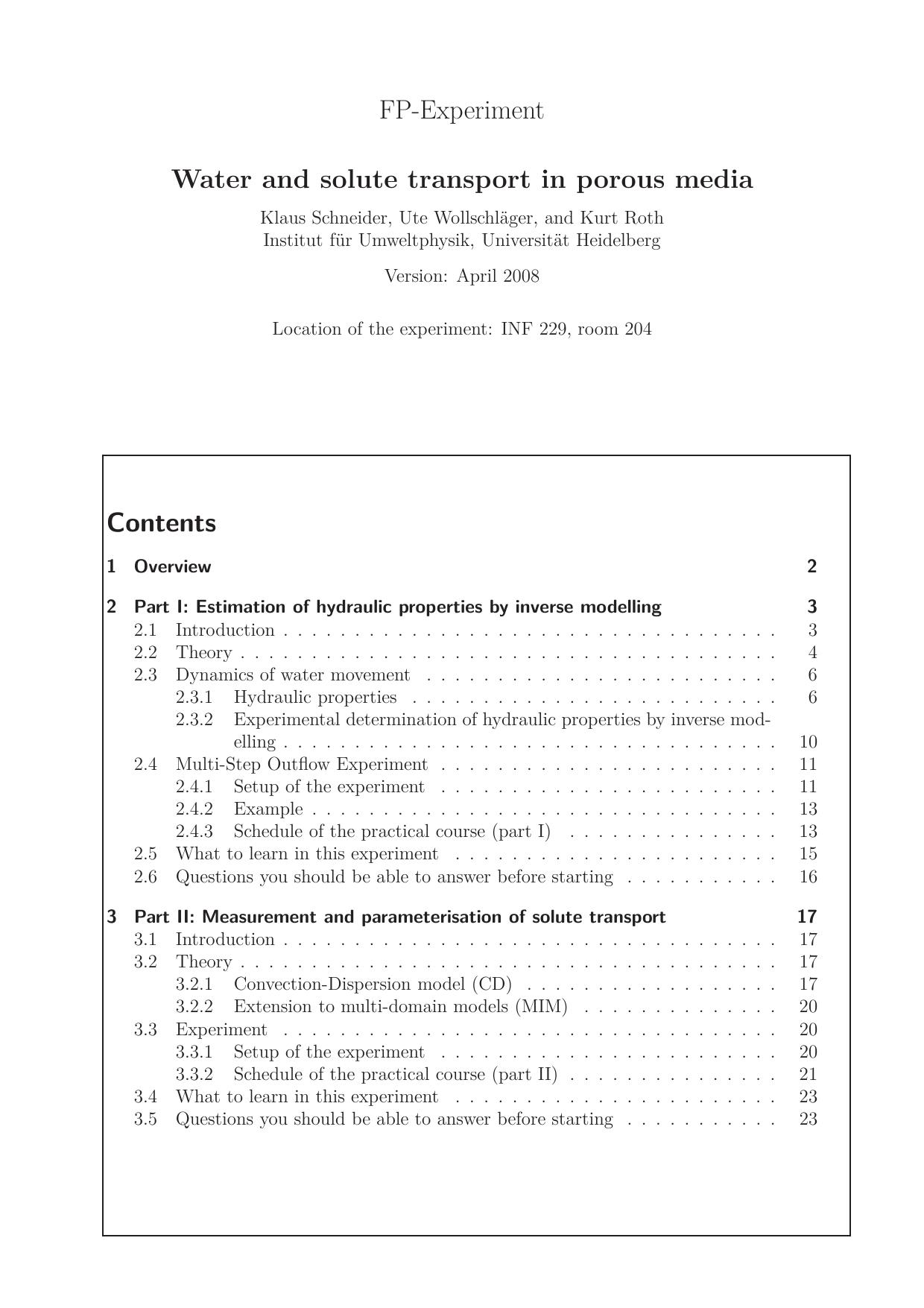 FP-Experiment: Water and solute transport in porous media