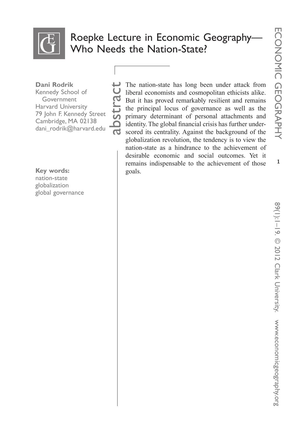 Roepke Lecture in Economic Geography— Who Needs the Nation-State?
