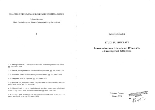 Studi su Isocrate : la comunicazione letteraria nel IV sec. a.C. e i nuovi generi della prosa
