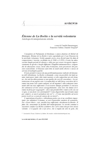 La società degli individui, n. 51, anno XVII, 2014/3  Étienne de La Boétie e la servitù volontaria: Antologia di interpretazioni critiche