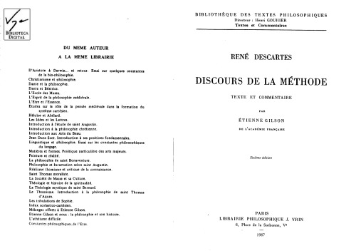 Discours de la méthode. Texte et commentaire par Etienne Gilson