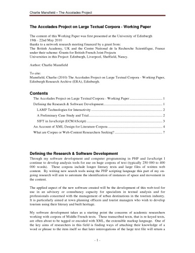 The Accolades Project on Large Textual Corpora - Working Paper