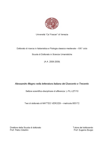 Alessandro Magno nella letteratura italiana del Duecento e Trecento