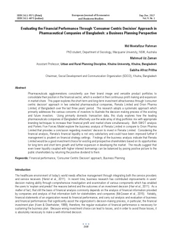 Evaluating the Financial Performance Through ‘Consumer Centric Decision’ Approach in Pharmaceutical Companies of Bangladesh: a Business Planning Perspective [article]
