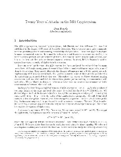 Twenty Years of Attacks on the RSA Cryptosystem