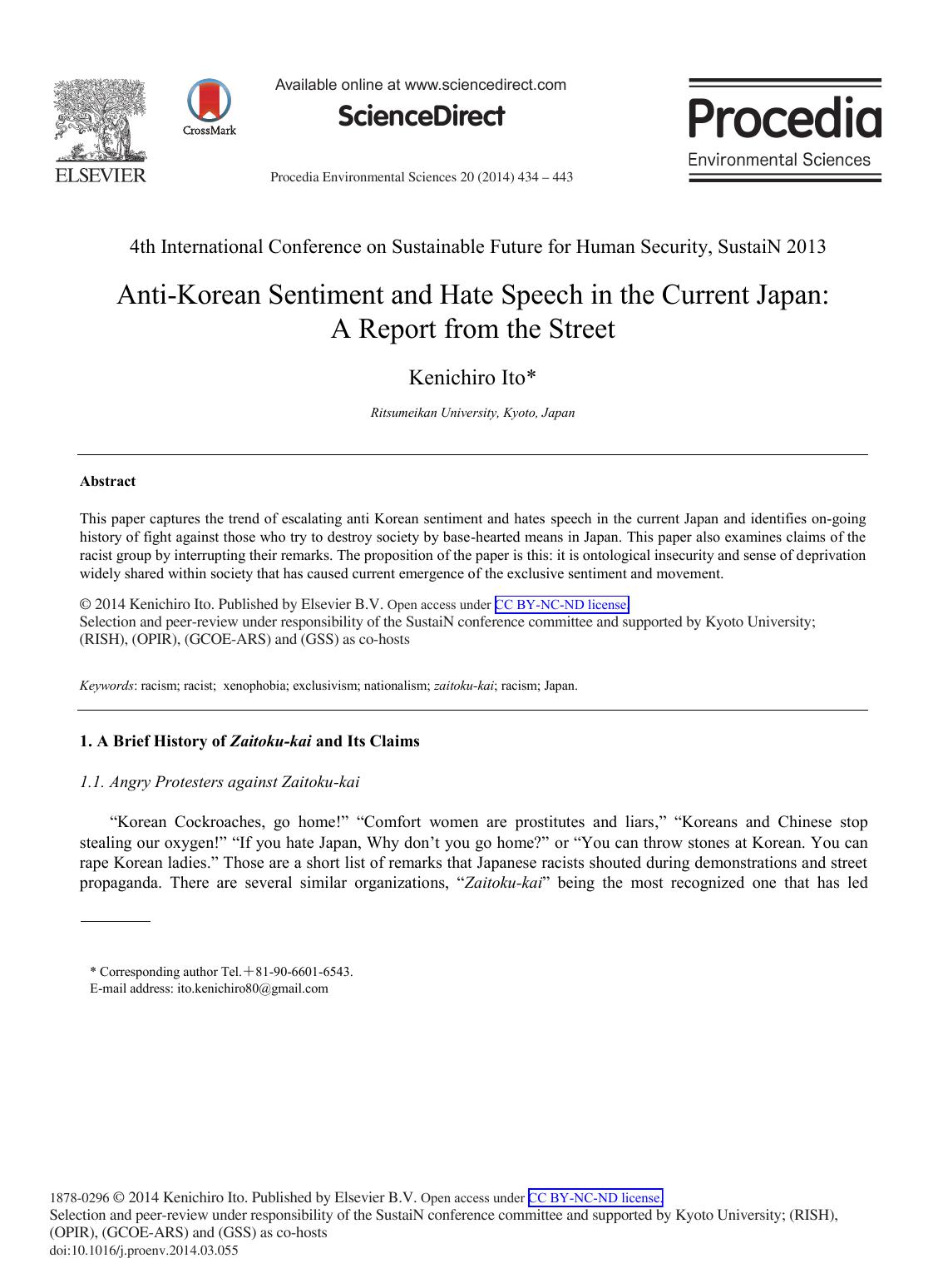 Anti-Korean Sentiment and Hate Speech in the Current Japan: A Report from the Street