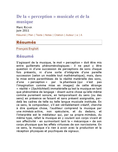 De la perception musicale et de la musique