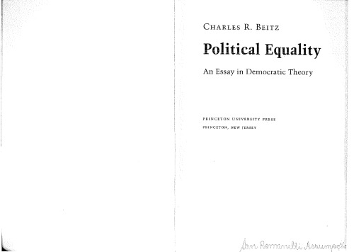 Political Equality: An Essay In Democratic Theory