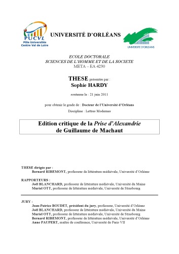 Edition critique de la Prise d’Alexandrie de Guillaume de Machaut