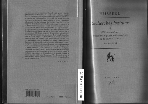 Recherches Logiques 3. Recherche Logique VI - Eléments d’une élucidation phénoménologique de la connaissance