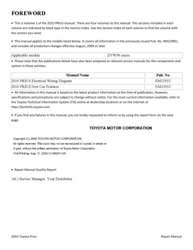 2010 Toyota Prius Repair Manual