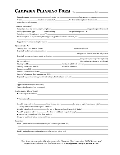 GURPS 4th edition. Campaign Planning Form