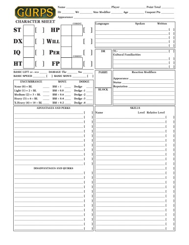 GURPS 4th edition. Character Sheet