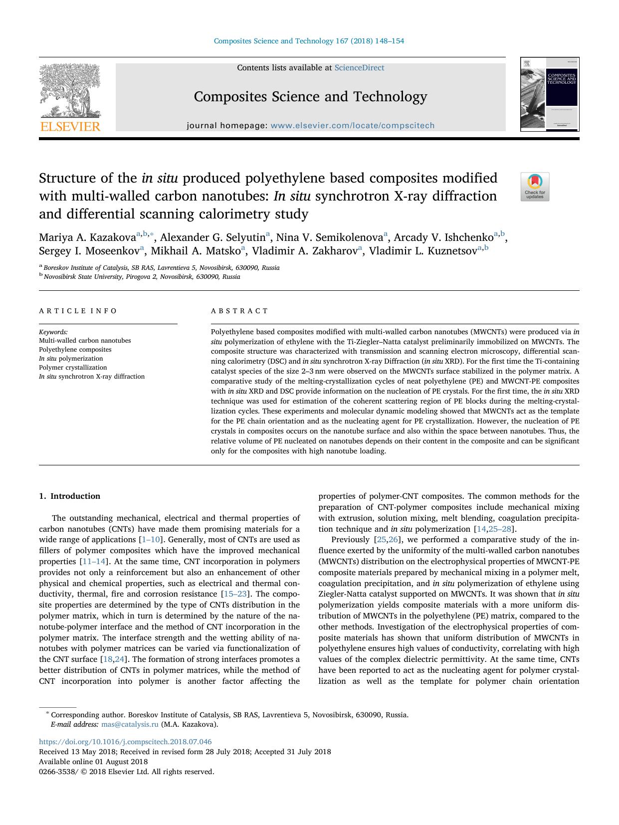 Structure of the in situ produced polyethylene based composites modified with multi-walled carbon nanotubes: In situ synchrotron X-ray diffraction and differential scanning calorimetry study