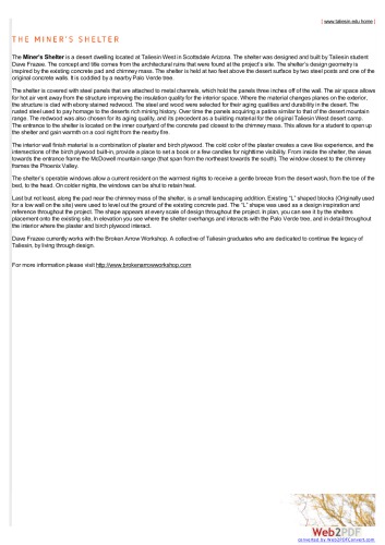 Taliesin.edu Student Guest house plan plans ,  Frank Lloyd Wright School , Miners’s Shelter