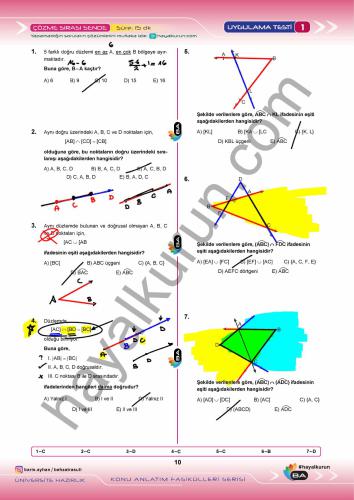 KAF GEO-1 2018 Doğruda Açılar Temel Kavram 1 Çözümler