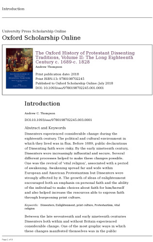 The Oxford History of Protestant Dissenting Traditions, Volume II: The Long Eighteenth Century C. 1689-C. 1828