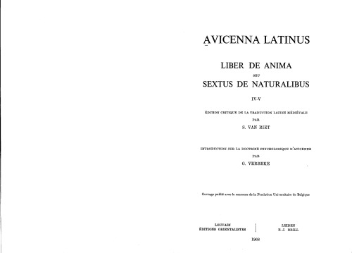Avicenna Latinus. Liber de anima seu sextus de naturalibus IV-V