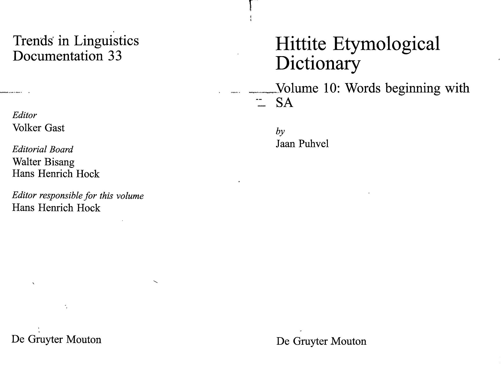 Hittite Etymological Dictionary, vol. 10: Words beginning with SA