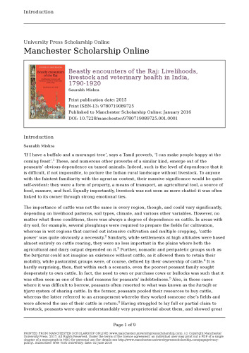 Beastly Encounters of the Raj: Livelihoods, Livestock and Veterinary Health in India, 1790-1920