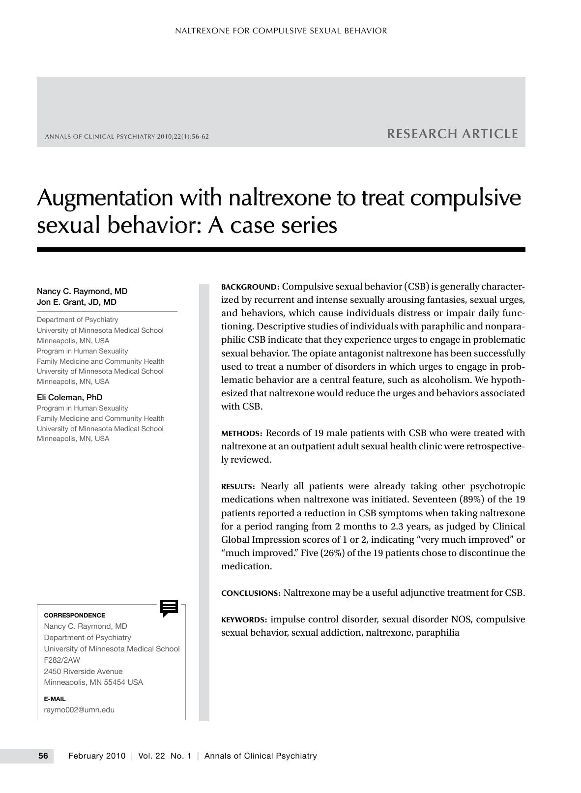 Augmentation with naltrexone to treat compulsive sexual behavior: a case series