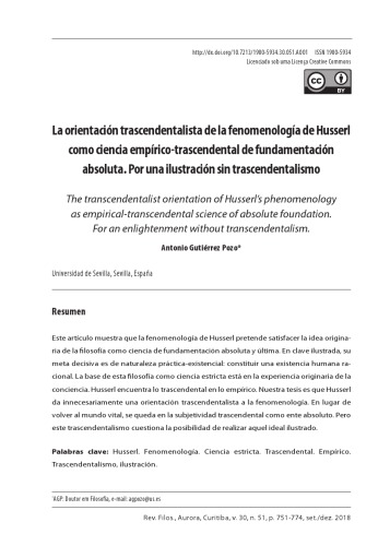 La orientacion trascendentalista de la fenomenología de Husserl como ciencia empririco-trascendental de fundamentac absoluta. Por una ilustracion sin trascendentalism