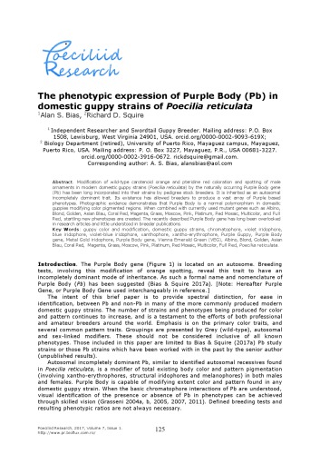 The phenotypic expression of Purple Body (Pb) in domestic guppy strains of Poecilia reticulata