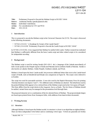 Preliminary Proposal to Encode the Multani Script in ISO/IEC 10646
