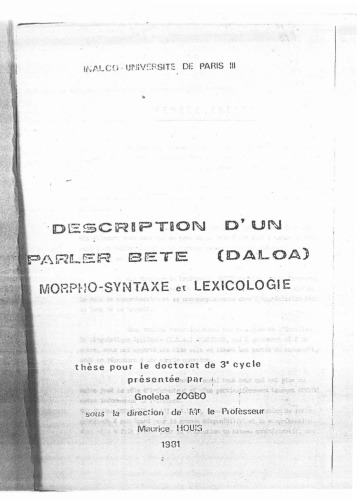 Description d’un parler Bete (Daloa): morpho-syntaxe et lexicologie
