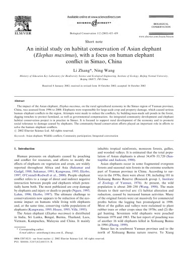 An initial study on habitat conservation of Asian elephant Elephas maximus, with a focus on human elephant conflict in Simao, China