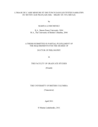 L’image de l’Asie Mineure et des Turcs dans les textes narratifs du Moyen Âge français (XIIe – milieu du XVe siècle)