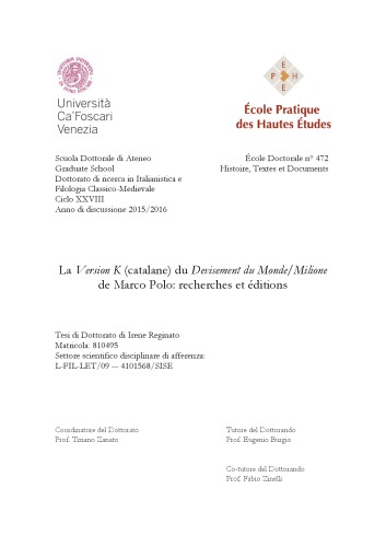 La Version K (catalane) du Devisement du Monde/Milione de Marco Polo: recherches et éditions