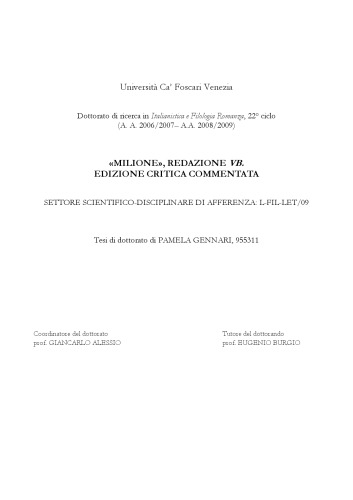 Milione, redazione VB. Edizione critica commentata