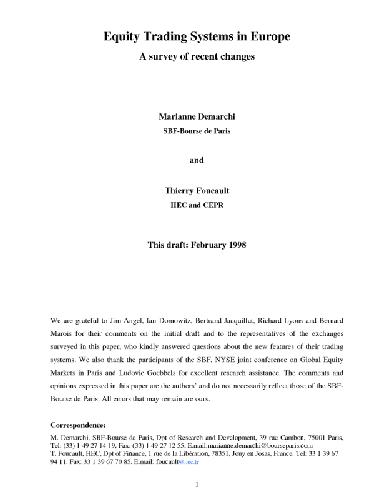 Equity Trading Systems In Europe - A Survey Of Recent Changes