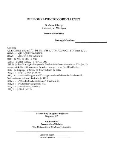 Die Grundgleichungen der Mechanik, insbesondere starrer Koerper, mit Grassmans Punktrechnhung
