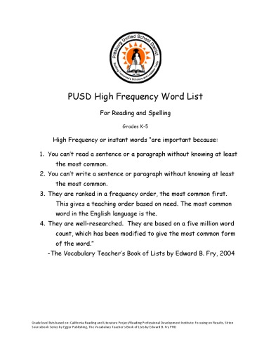 PUSD High Frequency Word List For Reading and Spelling: Grades K-5