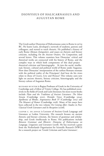 Dionysius of Halicarnassus and Augustan Rome: rhetoric, criticism and historiography