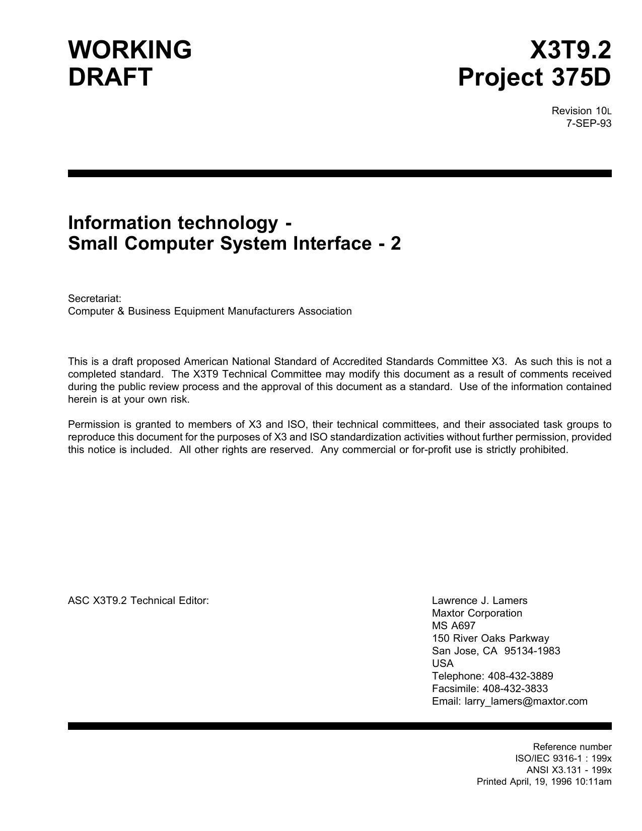 Small Computer System Interface - 2 (SCSI-2 r10L)