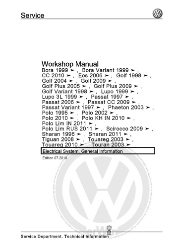VW Golf, Bora, Polo, Tiguan ... Electrical System, General Information - Workshop Manual