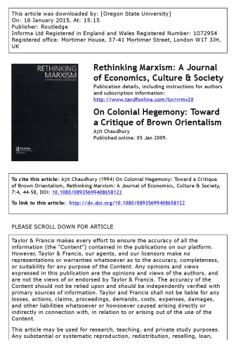 On Colonial Hegemony Toward a Critique of Brown Orientalism