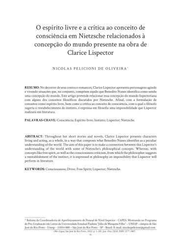 O espírito livre e a crítica ao conceito de consciência em Nietzsche relacionados à concepção do mundo presente na obra de Clarice Lispector