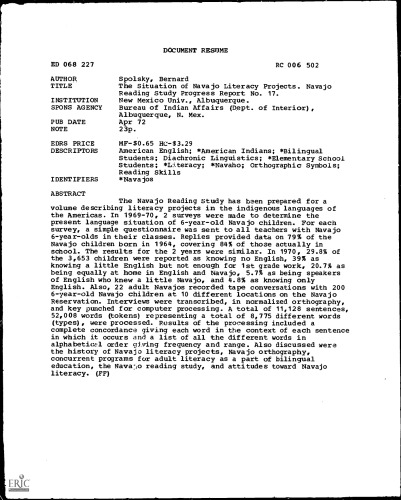 The Situation of Navajo Literacy Projects. Navajo Reading Study Progress Report No. 17