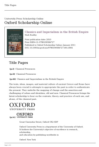 Classics and Imperialism in the British Empire