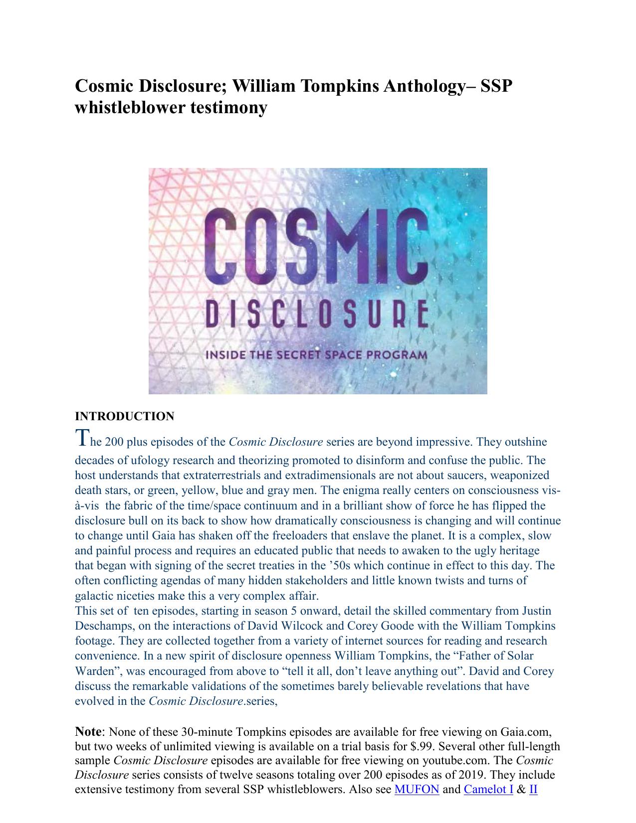 Cosmic Disclosure; William Tompkins Anthology– SSP whistleblower testimony