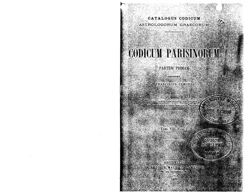 Catalogus Codicum Astrologorum Graecorum. Codicum Parisinorum 8.1