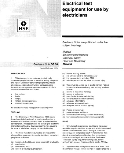 Electrical Test Equipment for Use by Electricians (Guidance Notes 38)