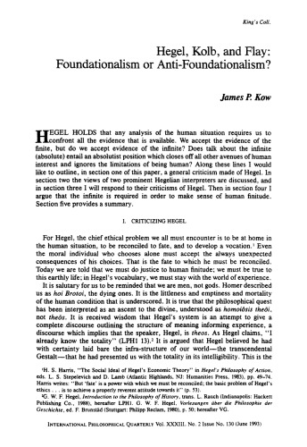 Hegel, Kolb, and Flay: Foundationalism or Anti-Foundationalism?