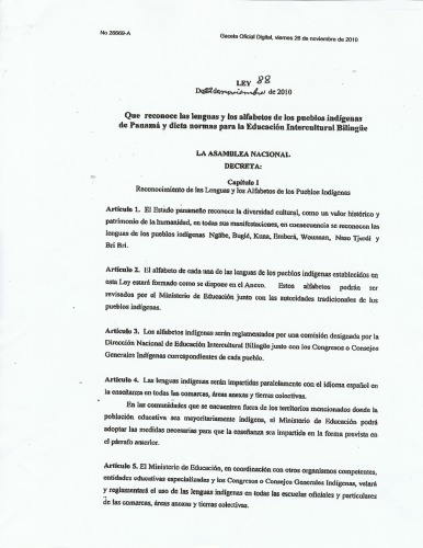 Ley 88 de 22 de noviembre de 2010 que reconoce las lenguas y los alfabetos de los pueblos indígenas de Panamá