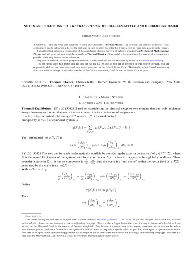 NOTES AND SOLUTIONS TO THERMAL PHYSICS BY CHARLES KITTLE AND HERBERT KROEMER