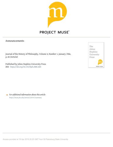 Journal of the History of Philosophy, Volume 4, Number 1, January 1966